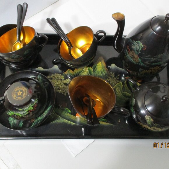 23 Piece Vintage Asian Chinese Black Lacquerware Tea Set Tray Cups Pot Oriental - Picture 3 of 16